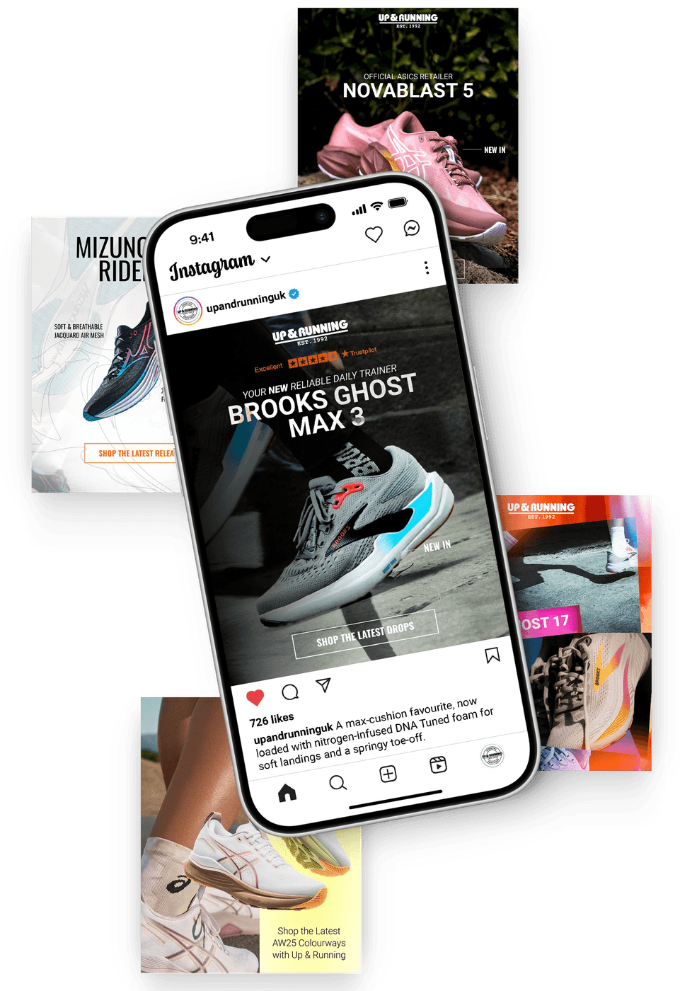 Real Mira paid social work: Up & Running ads, one live in the Instagram feed