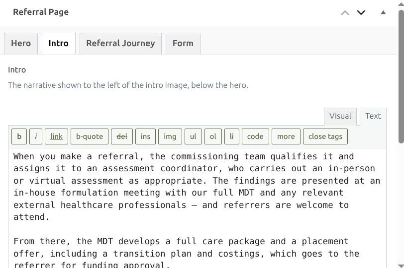 The Careline site editor, open on the referral page's intro text