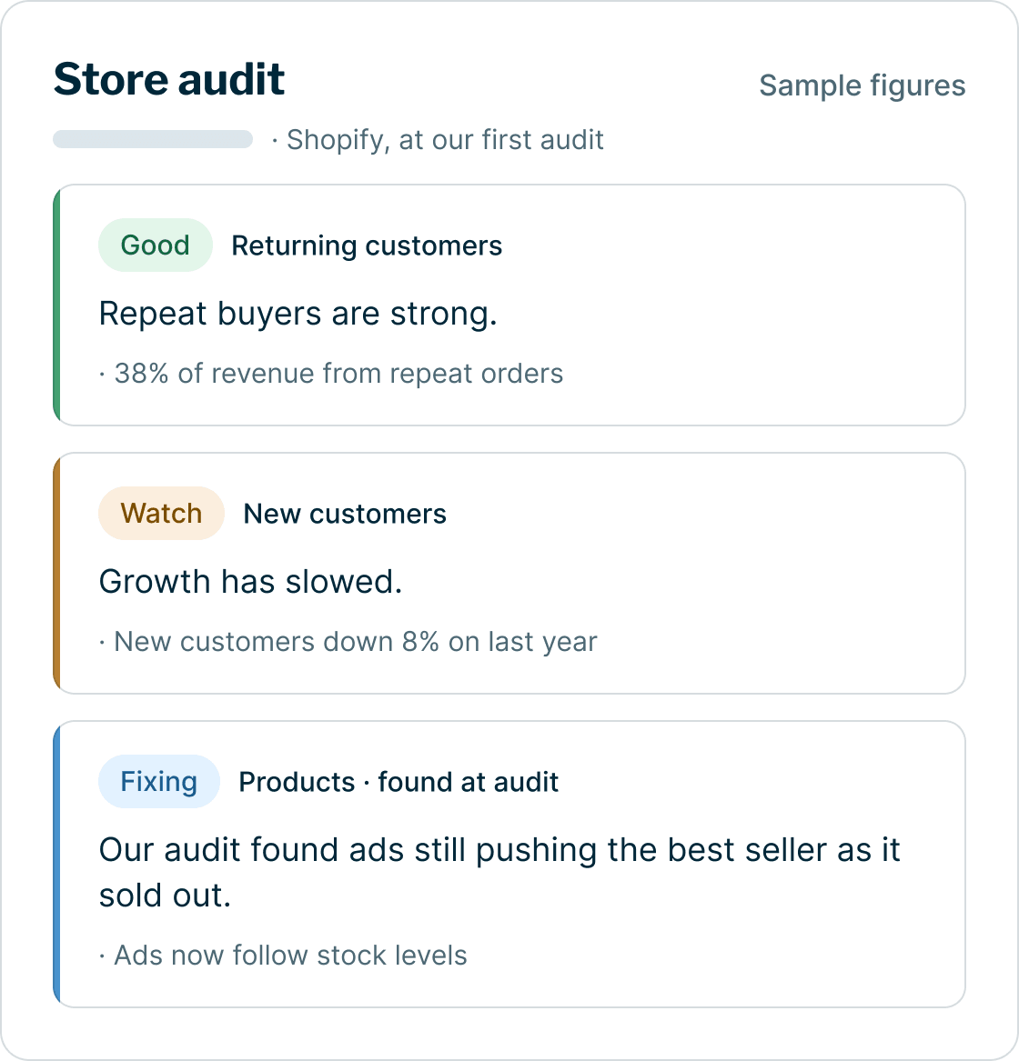 Sample store audit verdicts: returning customers good, new customers to watch, and a stock problem found at audit and being fixed
