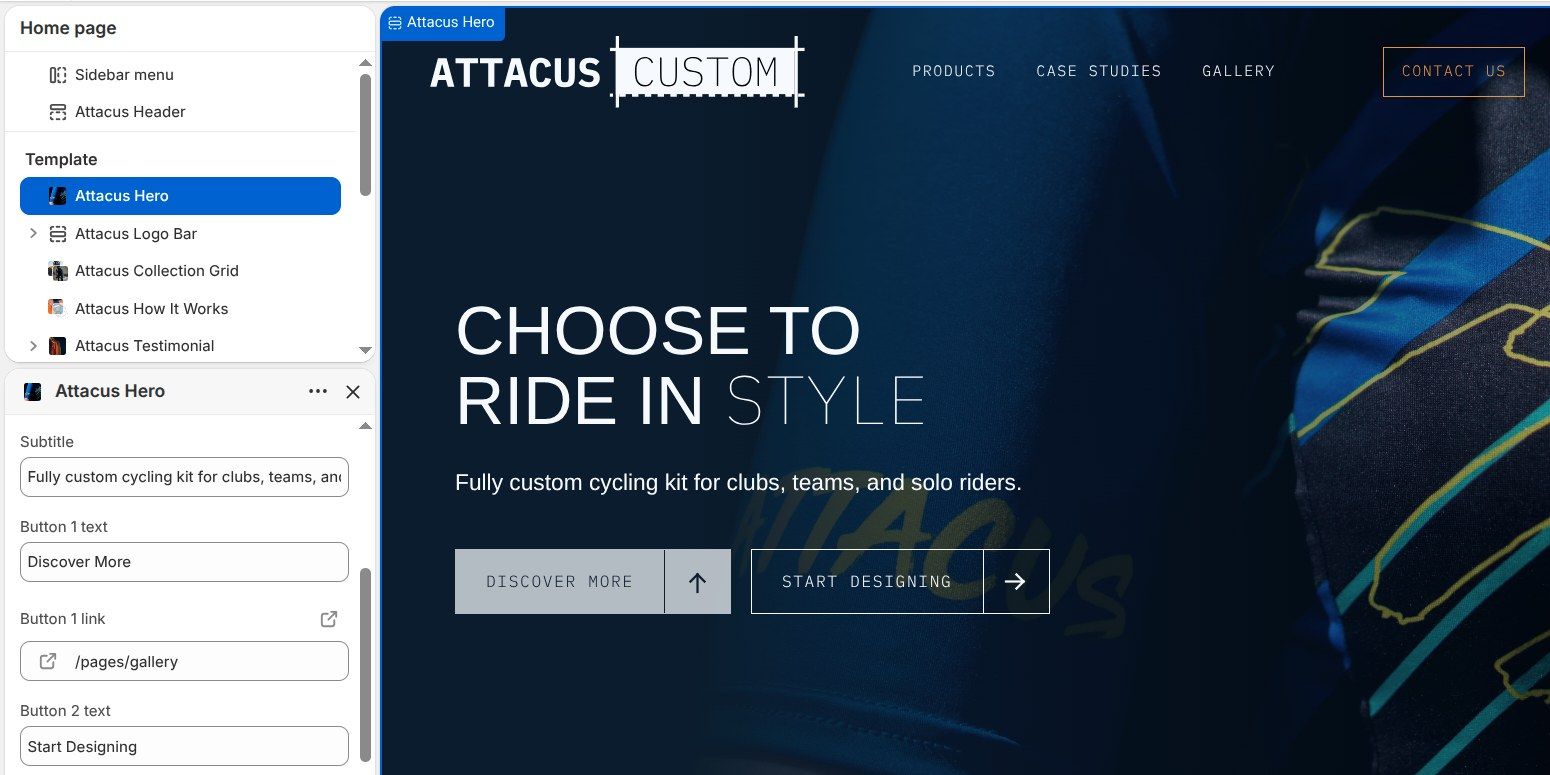 The Attacus Custom homepage hero open in the Shopify theme editor, its settings beside the page
