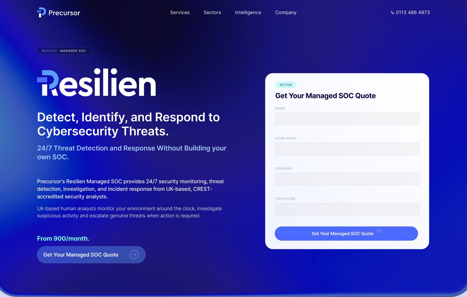 Resilien landing page designed for Precursor Security