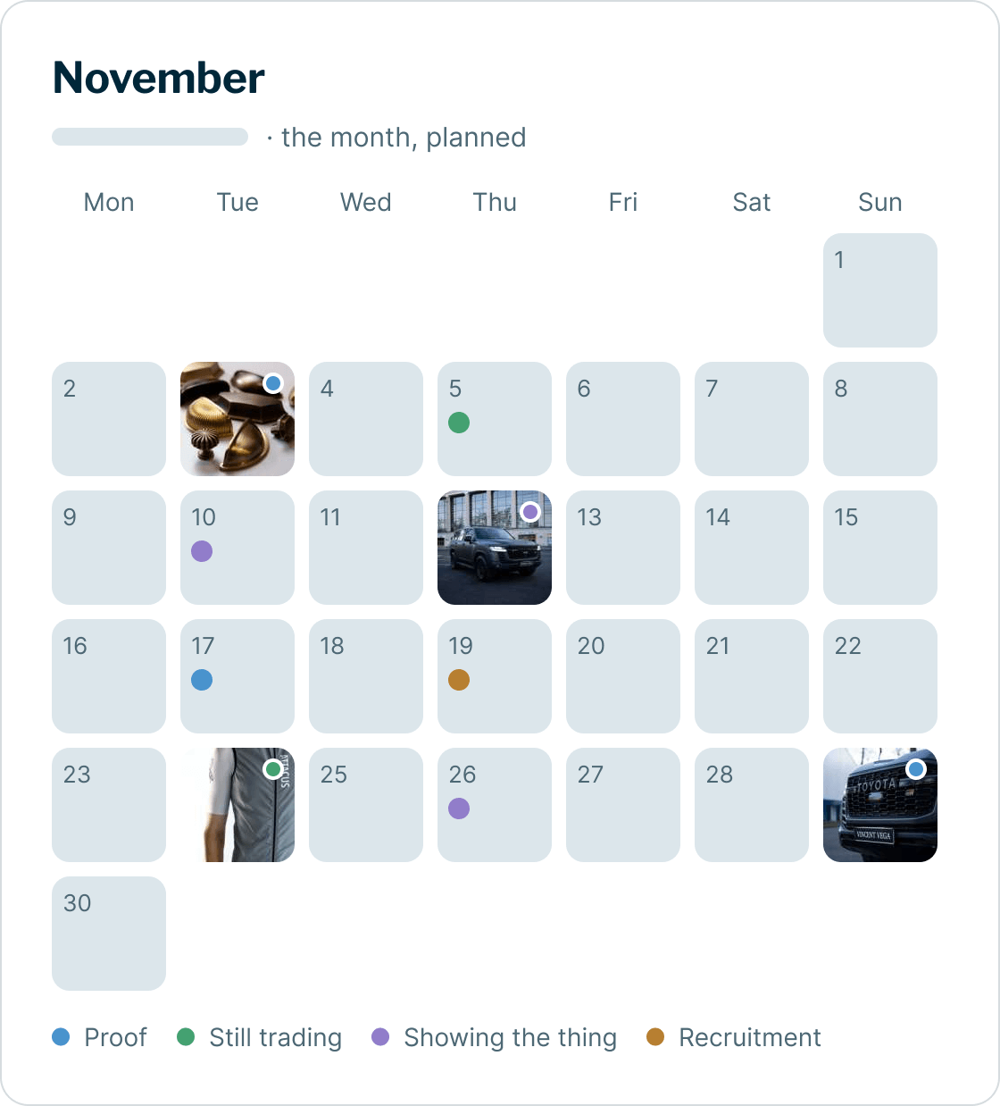 A month's content calendar with posts planned by day, some with photos from Mira shoots, each tagged by the job it does