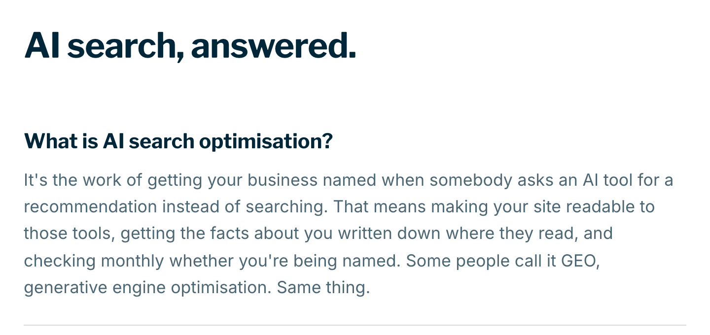 Mira's own AI search questions and answers, opening with a plain definition of AI search optimisation